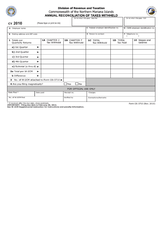 Fillable Form Cy - Annual Reconciliation Of Taxes Withheld - 2010 Printable pdf