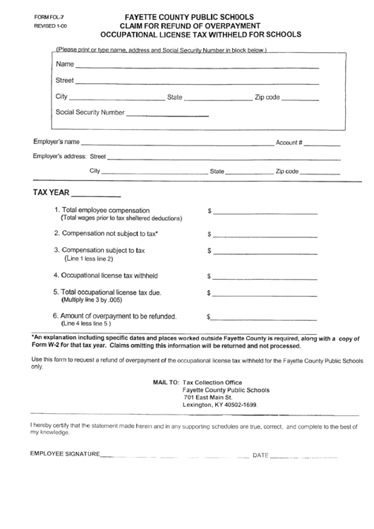 Form Fol-7 - Claim For Refund Of Overpayment Occupational License Tax Withheld For Schools Printable pdf