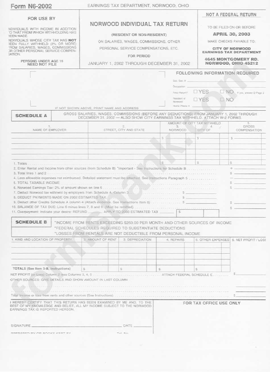 Form N6-2002 - Norwood Individual Tax Return
