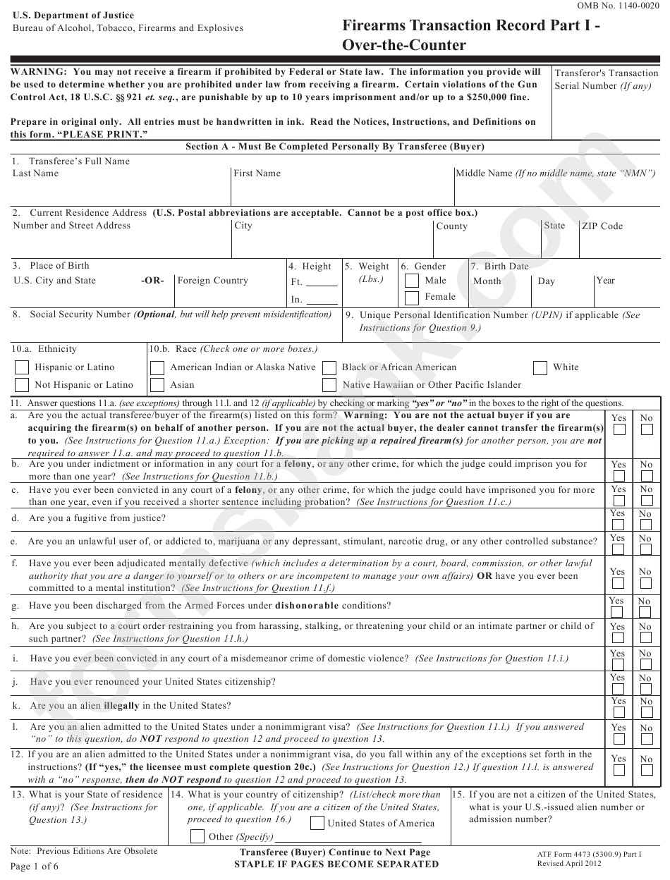 Atf Form 4473 - Firearms Transaction Record printable pdf download