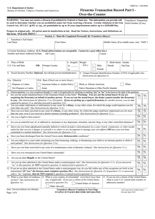 Atf Form 4473 - Firearms Transaction Record Printable pdf