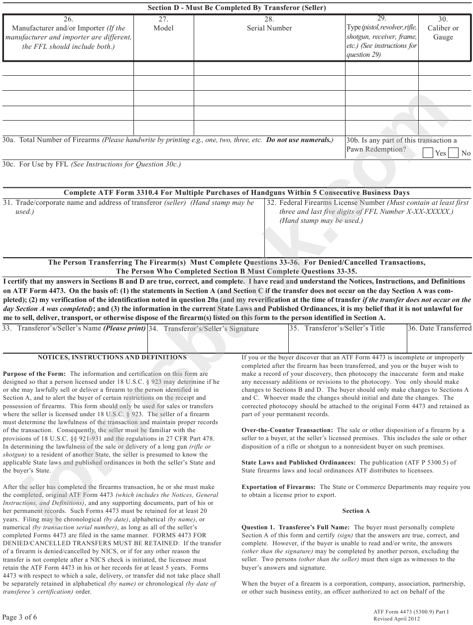 Atf Form 4473 - Firearms Transaction Record