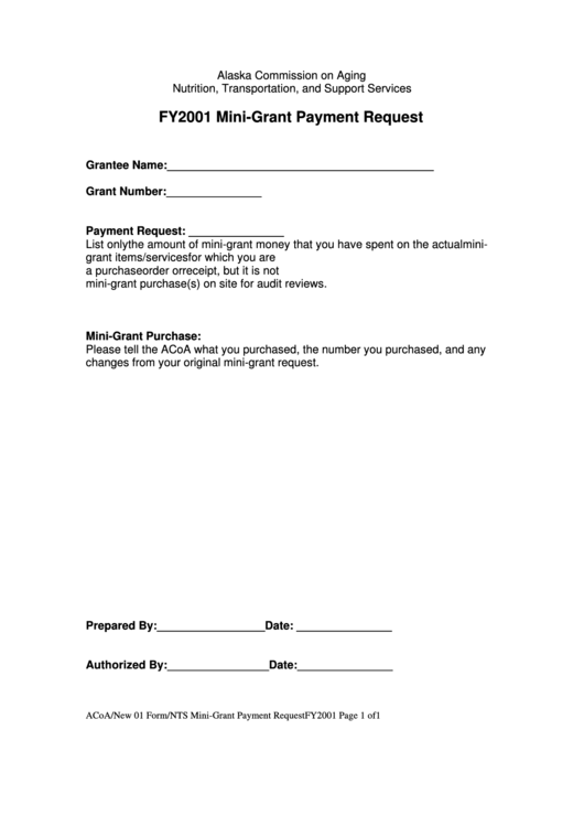 Mini-Grant Payment Request - Alaska Commission On Aging, 2001 Printable pdf