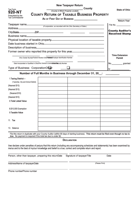 Form 920-Nt - County Return Of Taxable Business Property Printable pdf