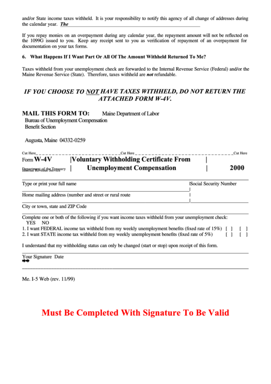 Form W-4v - Voluntary Withholding Certificate From Unemployment Compensation - Maine Department Of Treasury - 2000 Printable pdf