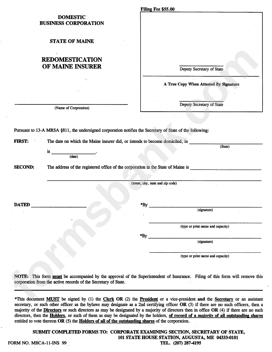 Form Mbca-11-Ins - Domestic Business Corporation Redomestication Of Maine Insurer