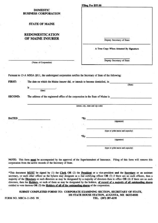 Form Mbca-11-Ins - Domestic Business Corporation Redomestication Of Maine Insurer Printable pdf