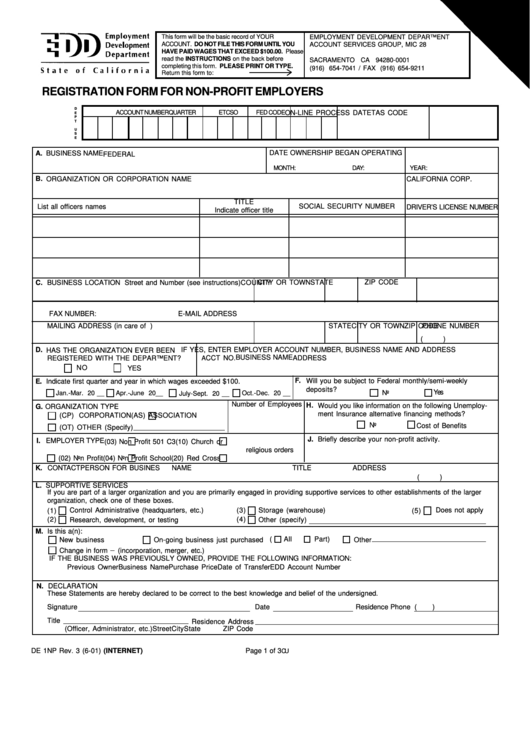 Fillable Form De 1np - Registration Form For Non-Profit Employers Printable pdf
