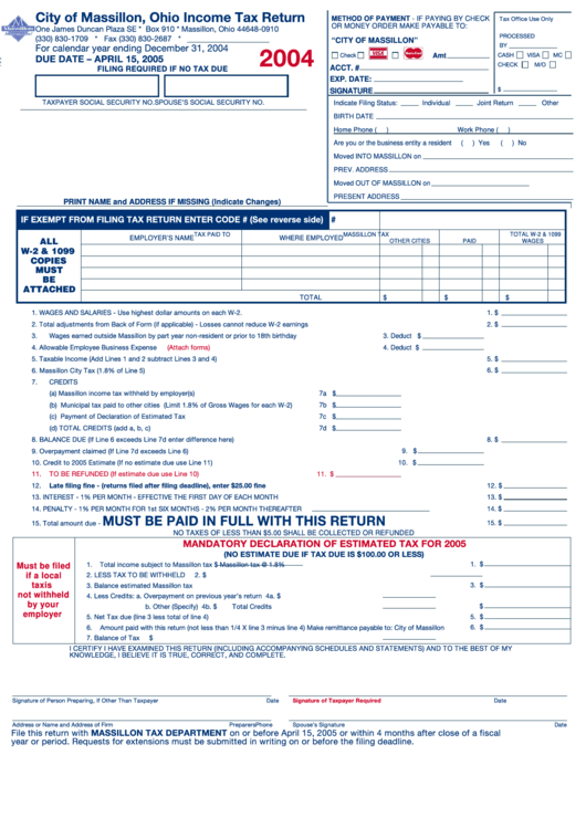 Income Tax Return - City Of Massillon - 2004 Printable pdf