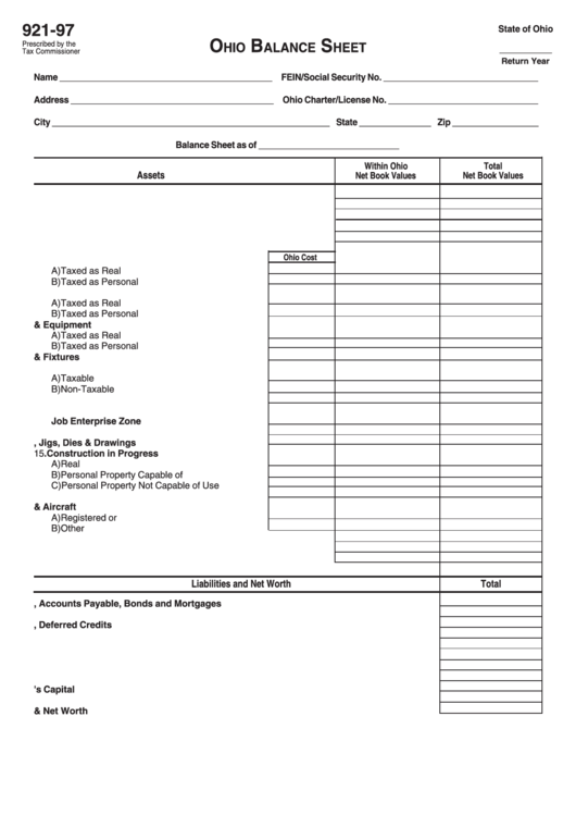 Form 921-97 - Ohio Balance Sheet Printable pdf