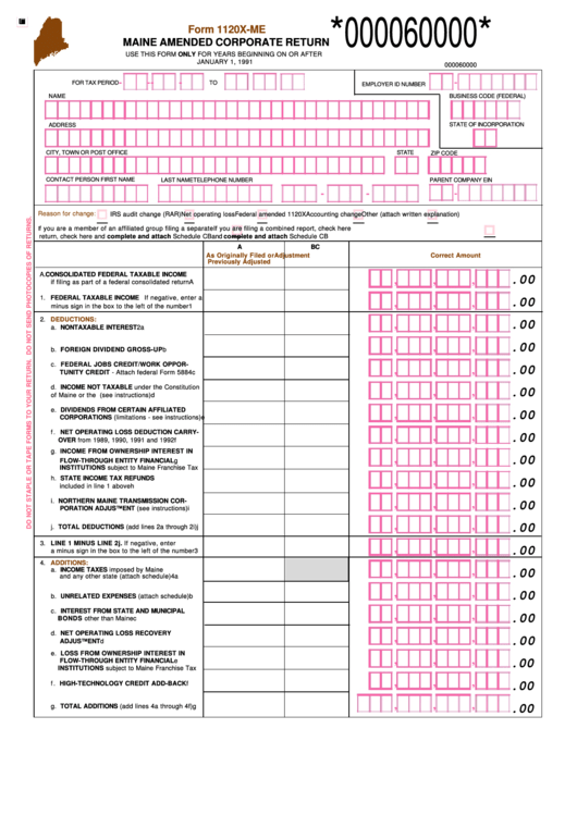 Form 1120x-Me - Maine Amended Corporate Return Printable pdf
