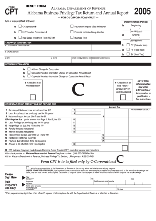 Fillable Form Cpt - Alabama Business Privilege Tax Return And Annual Report - 2005 Printable pdf