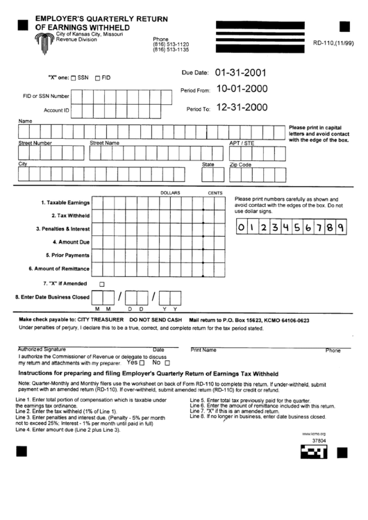 Form Rd-110 - Employer's Quarterly Return Of Earnings Withheld