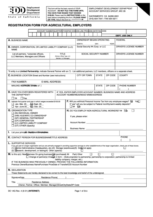 Fillable Form De 1ag - Registration For Agricultural Employers - 2001 Printable pdf