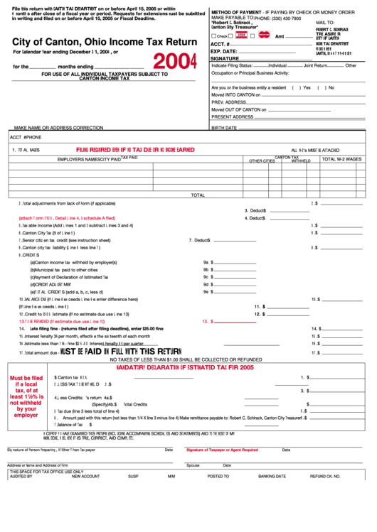 Income Tax Return - 2004 - City Of Canton, Ohio Printable pdf