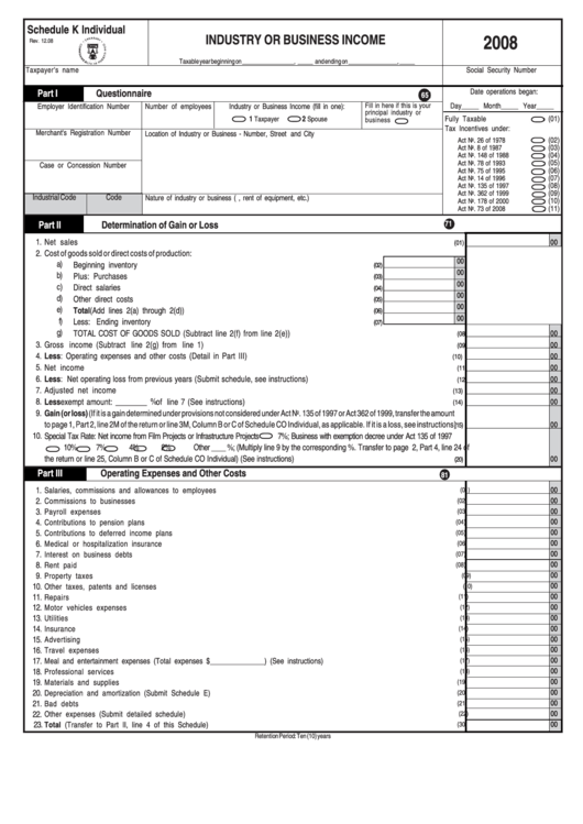 Schedule K Individual Industry Or Business Income 2008 Printable 