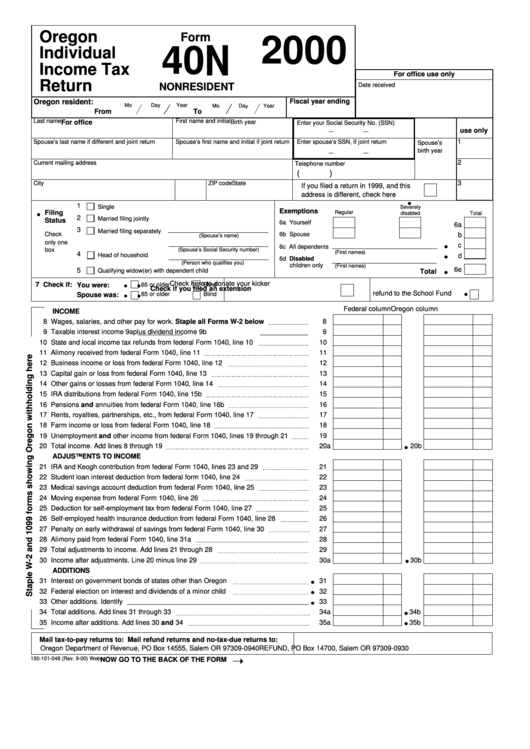 Form 40n - Oregon Individual Income Tax Return - 2000 Printable pdf