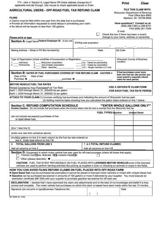 Fillable Form Mf-003w - Agricultural Users - Off-Road Fuel Tax Refund Claim Printable pdf