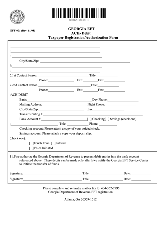 Fillable Form Eft-001 - Taxpayer Registration/authorization Form Printable pdf