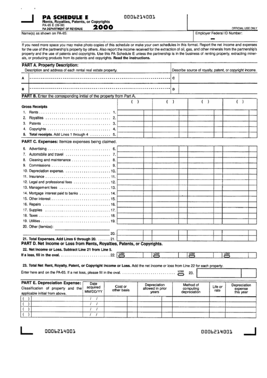 Form Pa-65 E - Pa Schedule E - Rents, Royalties, Patents, Or Copyrights - 2000 Printable pdf