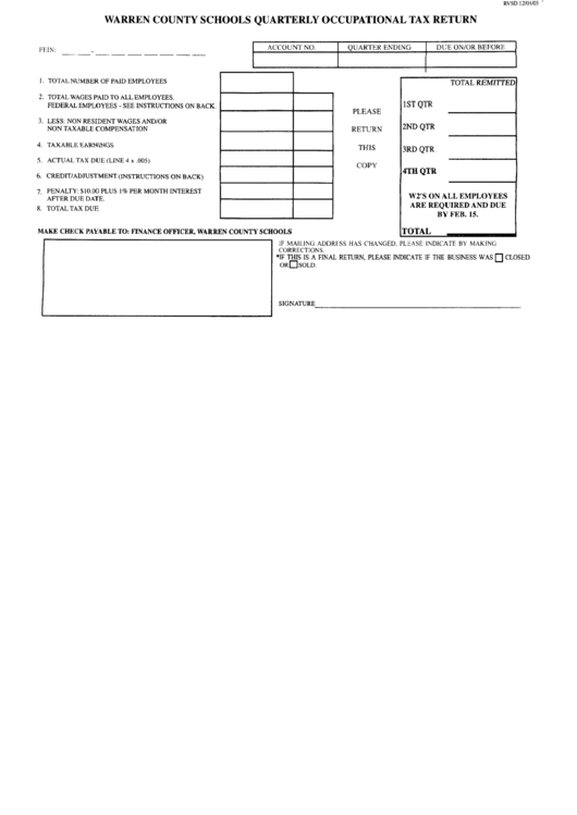 Warren Country Schools Quarterly Occupational Tax Return Printable pdf