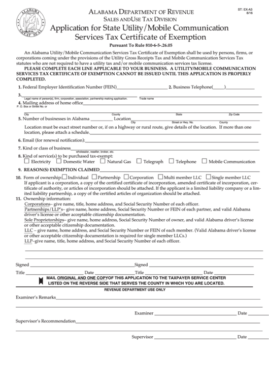 Fillable Form St: Ex-A3 - Application For State Utility/mobile Communication Services Tax Certificate Of Exemption Printable pdf