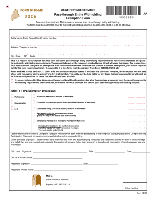 Form 941e-Me - Pass-Through Entity Withholding Exemption - 2009 Printable pdf