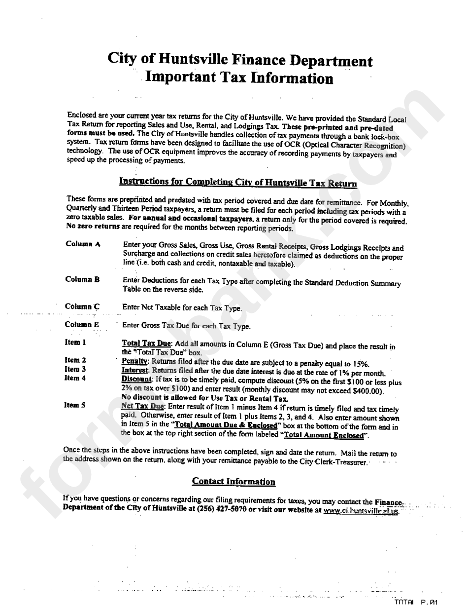 Instructions For Completing City Of Huntsville Tax Return