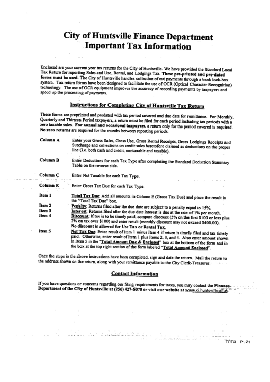 Instructions For Completing City Of Huntsville Tax Return Printable pdf