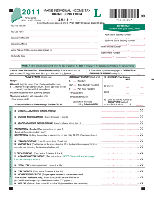 1040me Long Form - Maine Individual Income Tax - 2011 Printable pdf