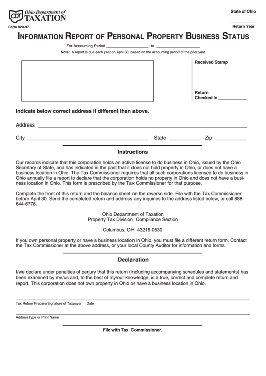 Form 920-97 - Information Report Of Personal Property Business Status Printable pdf