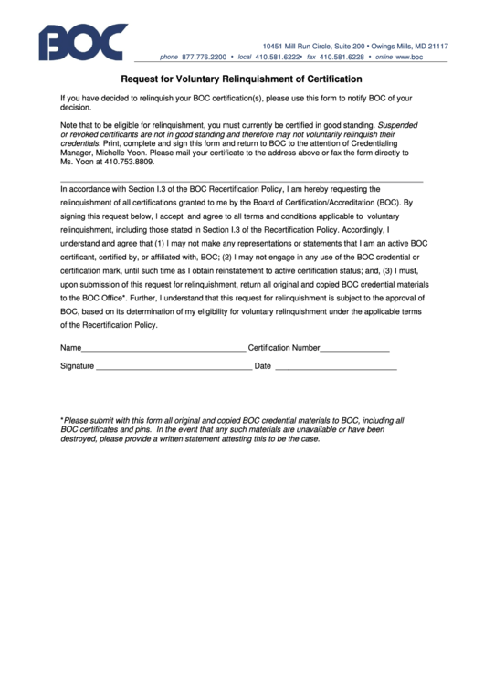 Fillable Request For Voluntary Relinquishment Of Certification - Boc Printable pdf
