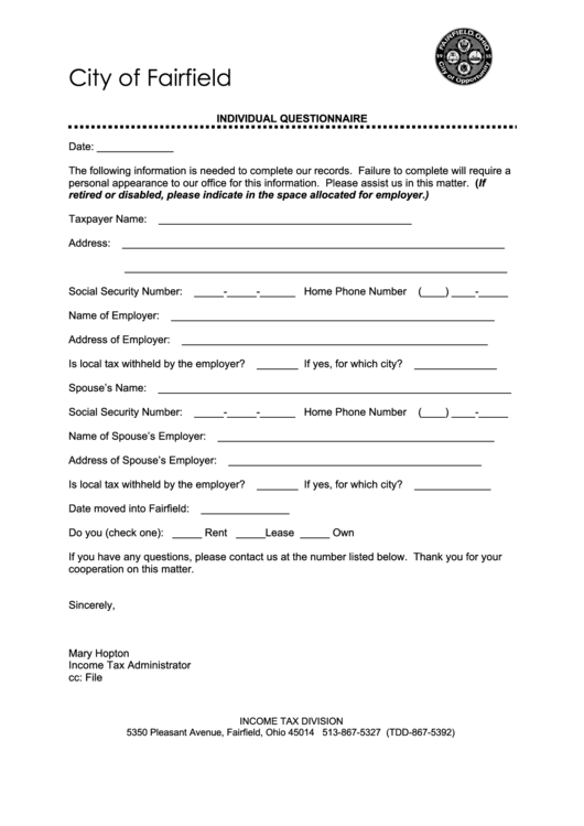 Fillable Individual Questionnaire - City Of Fairfield Printable pdf