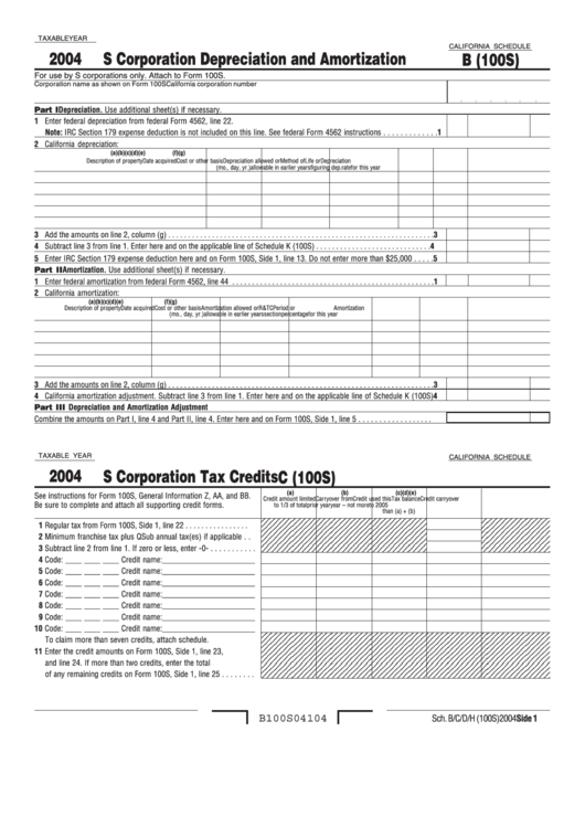 California Schedule B (100s) - S Corporation Depreciation And Amortization - 2004 Printable pdf