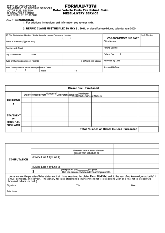 Form Au-737d - Motor Vehicle Fuels Tax Refund Claim - Connecticut Diesel-Livery Service Printable pdf