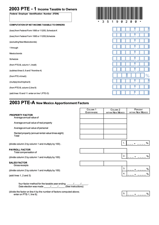 Form Pte-1 - Income Taxable To Owners - 2003 Printable pdf