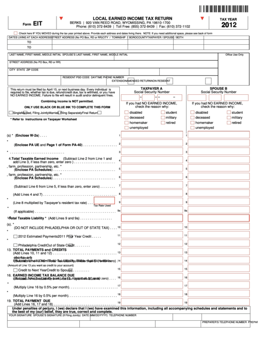 Fillable Form Eit - Local Earned Income Tax Return - 2012 Printable pdf