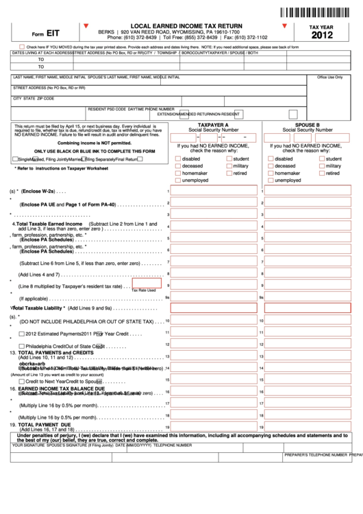 Fillable Form Eit - Local Earned Income Tax Return - 2012 printable pdf ...