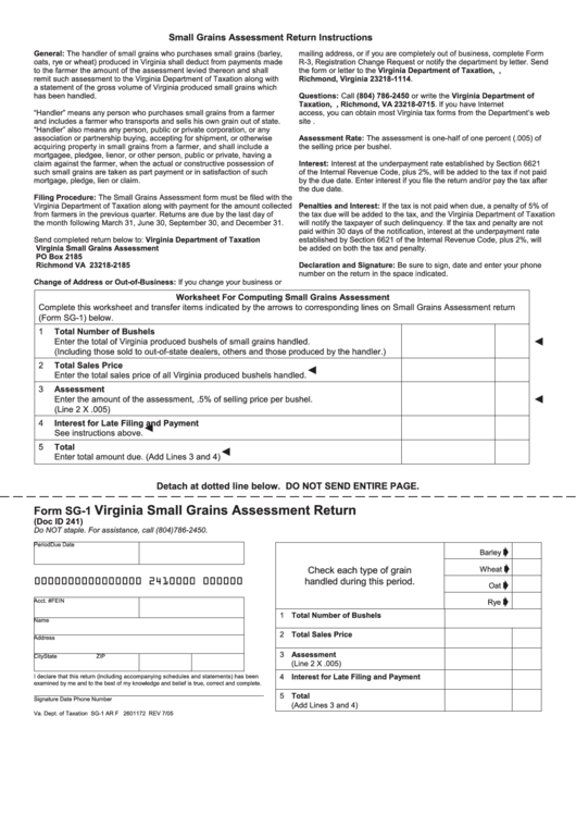 Fillable Form Sg-1 - Virginia Small Grains Assessment Return Printable pdf