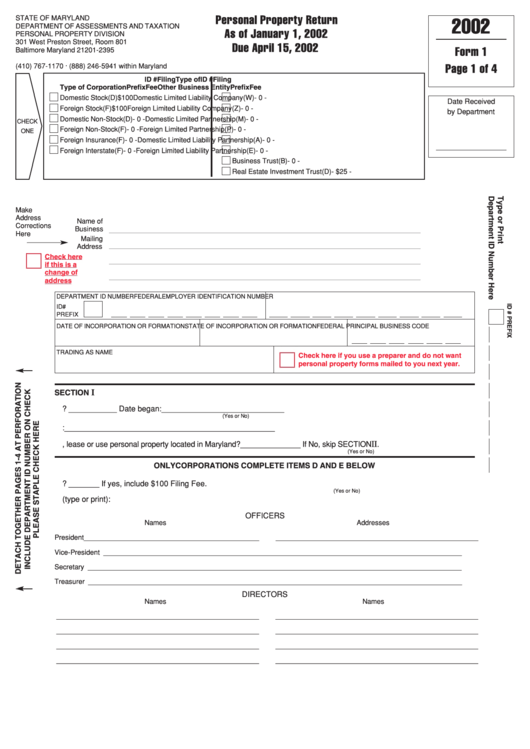 Form 1 - Personal Property Return - 2002 Printable pdf