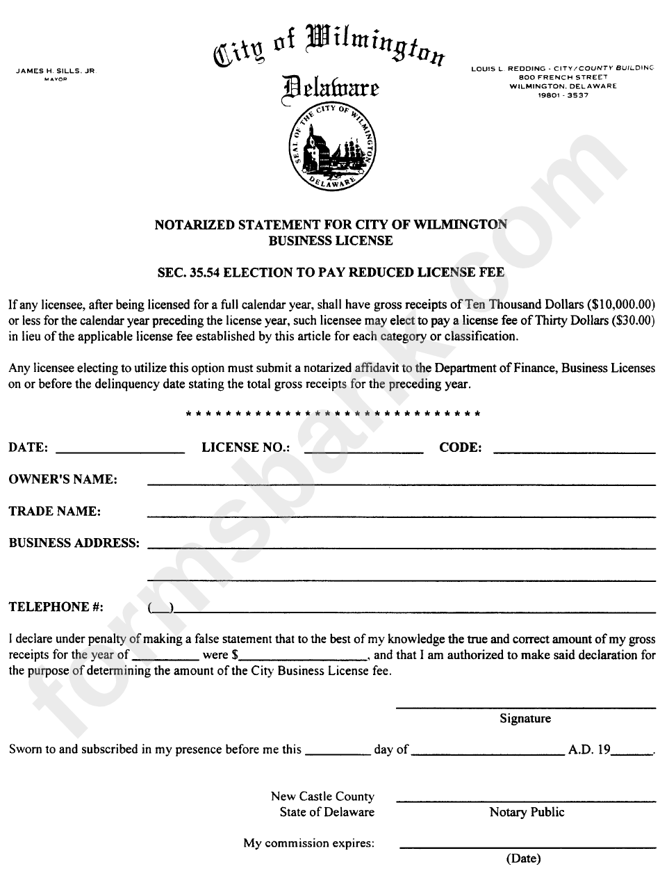 Notarized Statement For City Of Wilmington Business License