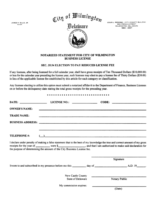 Notarized Statement For City Of Wilmington Business License Printable pdf