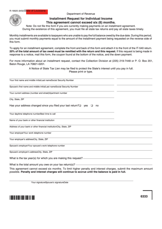 Fillable Form R-19025 - Installment Request For Individual Income Printable pdf