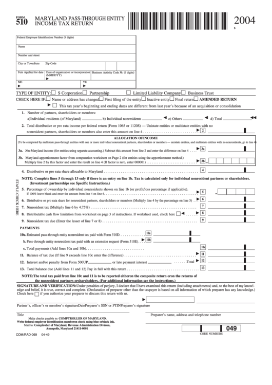 Fillable Form 510 - Pass-Through Entity Income Tax Return - 2004 Printable pdf