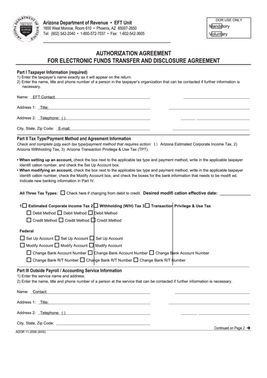 Form Ador 11-2056 - Authorization Agreement For Electronic Funds Transfer And Disclosure Agreement Printable pdf