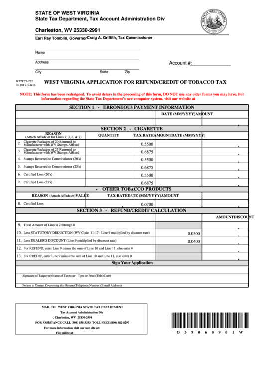Form Wv/tpt-722 - West Virginia Application For Refund/credit Of Tobacco Tax Printable pdf