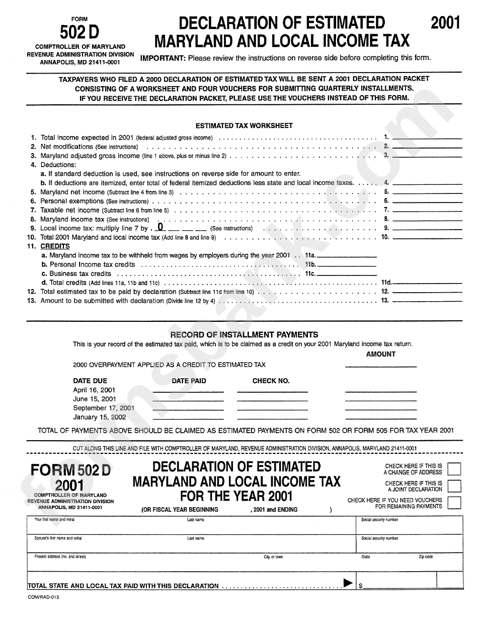Form 502d - Declaration Of Estimated Maryland And Local Income Tax - 2001