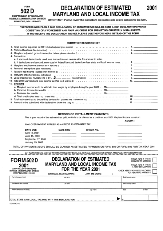 Form 502d - Declaration Of Estimated Maryland And Local Income Tax - 2001 Printable pdf