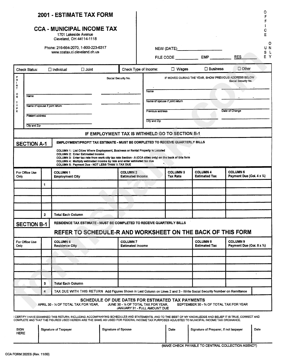 Cca Form 202es - 2001 - Estimate Tax Form - Cca Municipal Income Tax