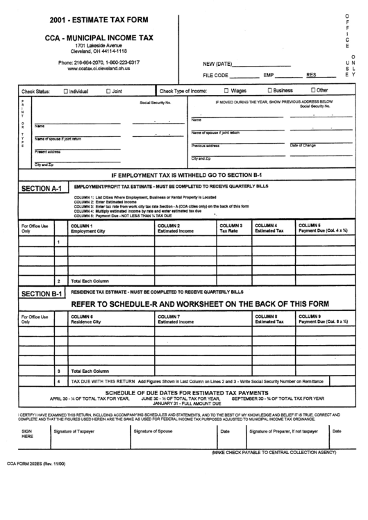 Download Cca Form 202es - 2001 - Estimate Tax Form - Cca Municipal Income Tax printable pdf download